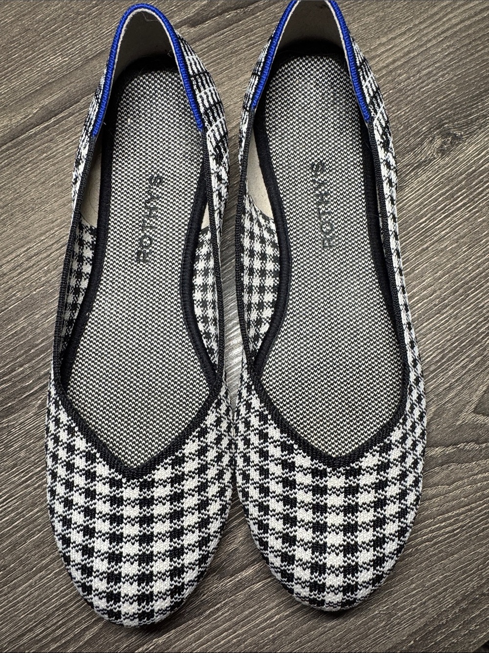 Rothy's Black & White Houndstooth Ballet Flats with Blue Trim
